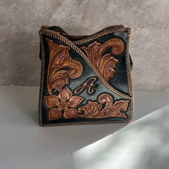 Vintage Handbag Handmade Black & Brown Leather Hand Tooled Floral - Picture 4 of 16